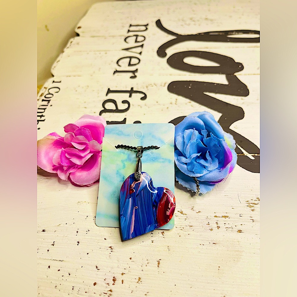 Hand, painted red, white and blue polymer clay, heart necklace